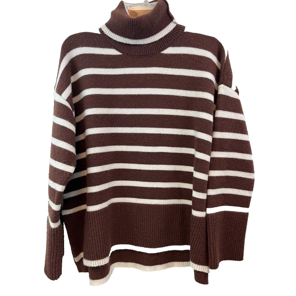 Silk & Salt Turtleneck Sweater Womens Size S Brown White Oversized LS Thumb Hole